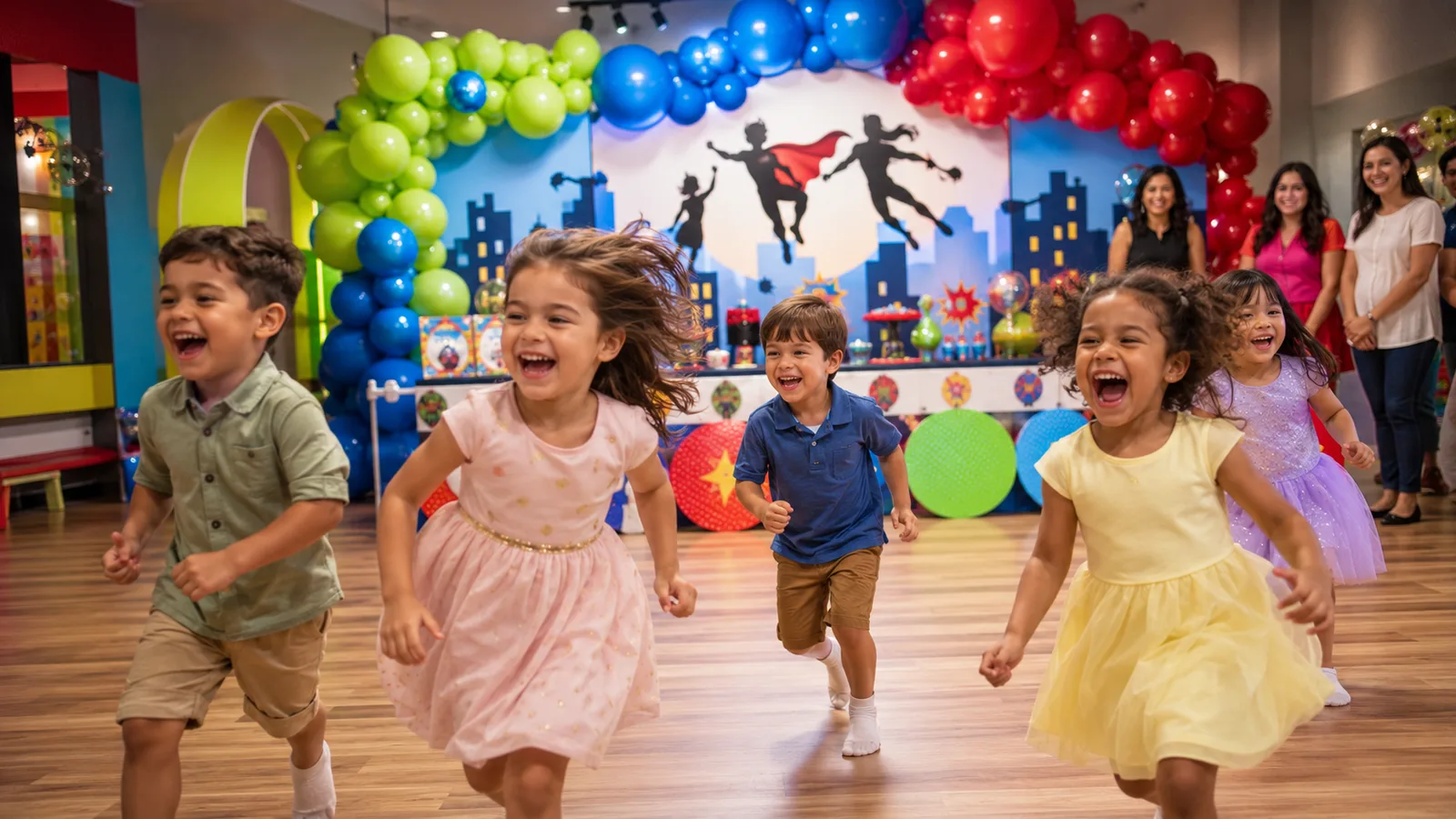 Crianças sorrindo e brincando em festa temática de super-heróis